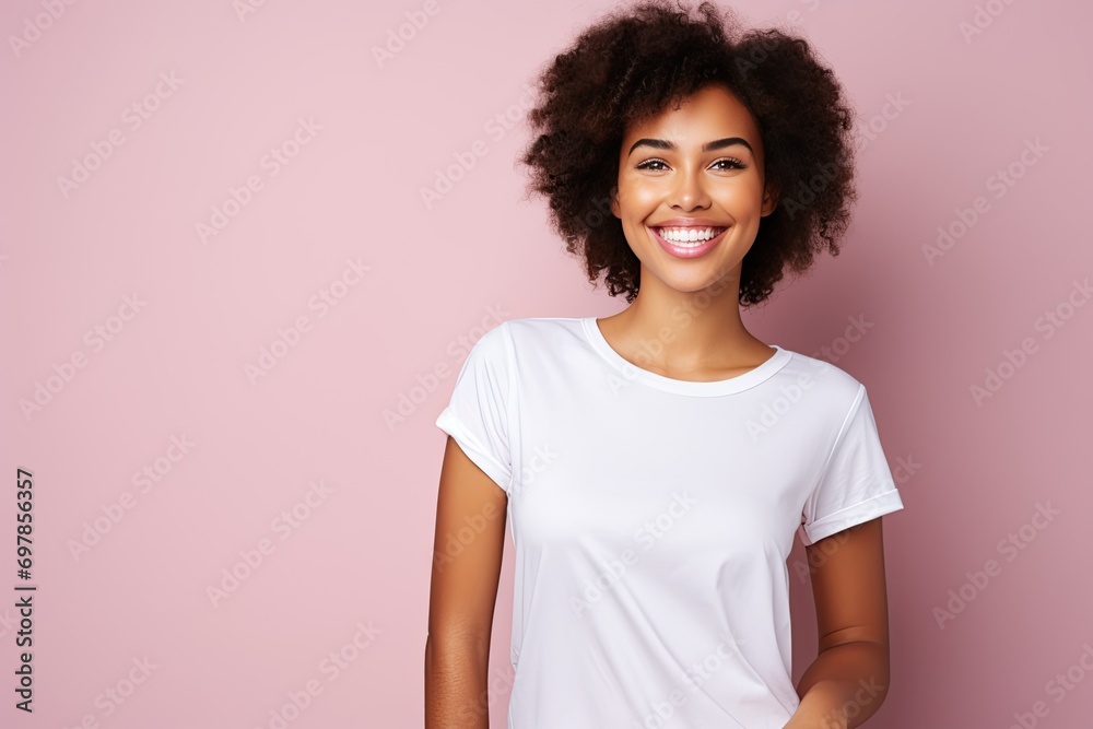 Young Woman Smiling and Wearing a Blank T-shirt Standing in Front of a Pink Background, Print on Demand Template, Fashion Portrait, People Wearing Clothing with Print Copy Space Young Woman Smiling and Wearing a Blank T-shirt Standing in Front of a Pink Background, Print on Demand Template, Fashion Portrait, People Wearing Clothing with Print Copy Space