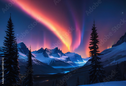 northen lights, dark orange, ultramarine bleu, with big mountains infront and black trees in the front, realistic, jesus cross on the mountain in light, photo
