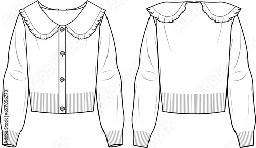 Women's Knit Cardigan With Collar. Technical fashion illustration. Front and back, white colour. Women's CAD mock-up.