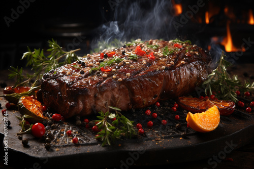 Juicy meat steak on the grill, smoke, fire, spices. Generative AI.
