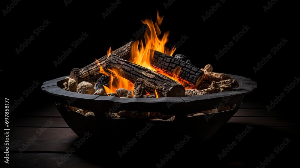 A fire pit with logs and flames on a black background. Fire flames on ...
