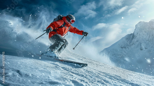 Alpine skier skiing downhill. Winter sports and leasure activities.  © DB Media