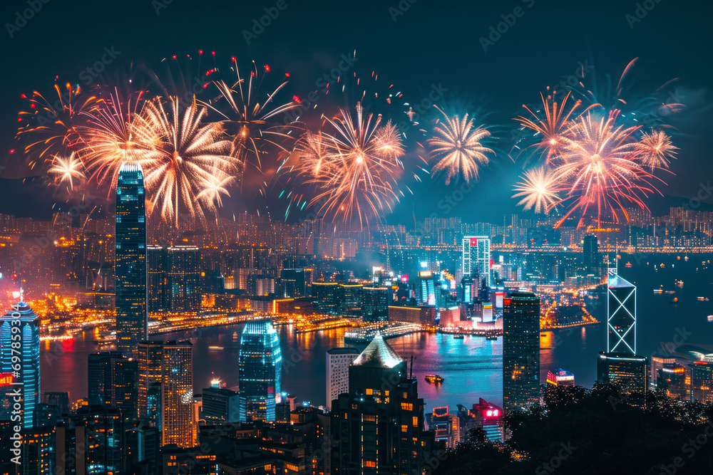 Fireworks over city skyline, a spectacular image of fireworks illuminating the night sky above a cityscape during Chinese New Year, providing a dazzling backdrop with copy space. Fireworks over city skyline, a spectacular image of fireworks illuminating the night sky above a cityscape during Chinese New Year, providing a dazzling backdrop with copy space.