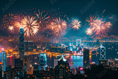 Fireworks over city skyline, a spectacular image of fireworks illuminating the night sky above a cityscape during Chinese New Year, providing a dazzling backdrop with copy space.