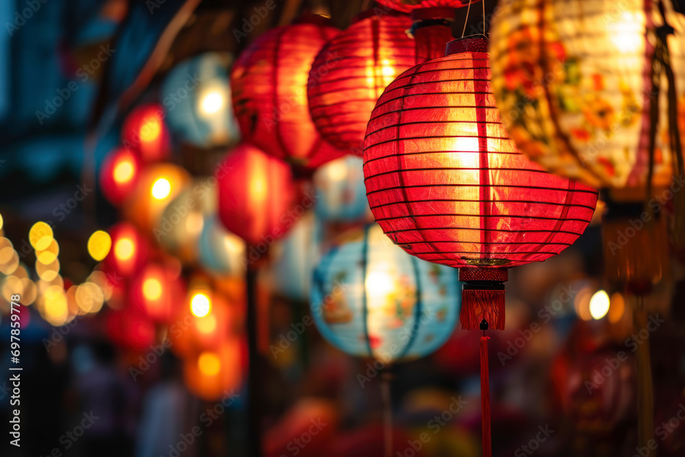 Lantern-lit night market, a lively Chinese New Year night market adorned with colorful lanterns, offering a vibrant and festive setting with copy space for promoting cultural events.
