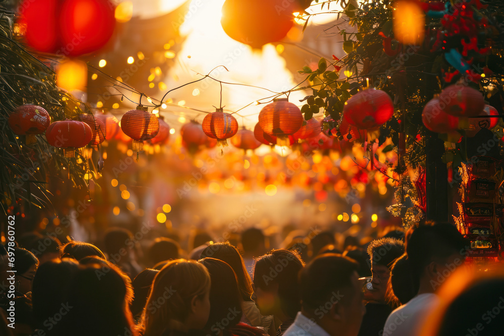 Temple fair festivities, a bustling scene of a Chinese New Year temple fair with traditional performances, stalls, and joyful crowds, providing a dynamic and cultural backdrop with copy space. - obrazy, fototapety, plakaty 