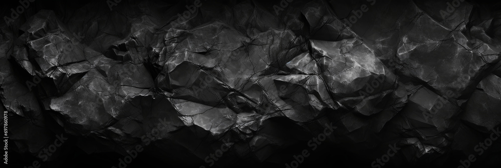 Panoramic black stone background banner design. Dark rock grunge texture. Mountain surface close-up cracked empty copy space