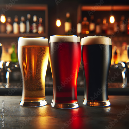 3 drinks, dark, red and light beer served in a dark bar