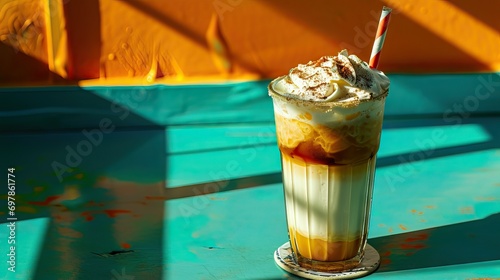50s root beer float, in the style of light teal and orange, color gradient, striped arrangements, ilford pan f, provia, rusticcore, light amber and yellow ,cheerful colors, light sunshine, daylight,  photo