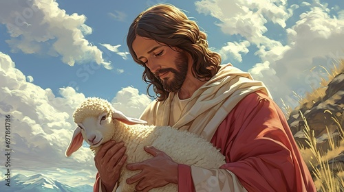 a cartoon of jesus holding a lamb, light pink and light beige, 