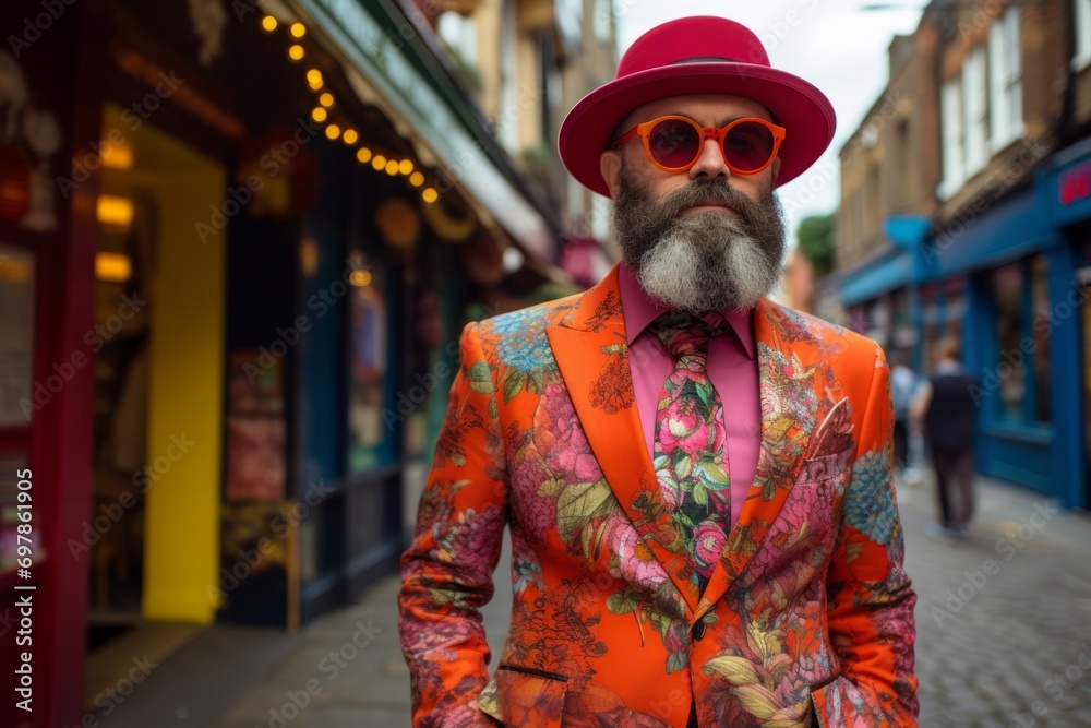 Handsome bearded man with long gray beard and moustache wearing orange jacket, red hat and sunglasses on a city street