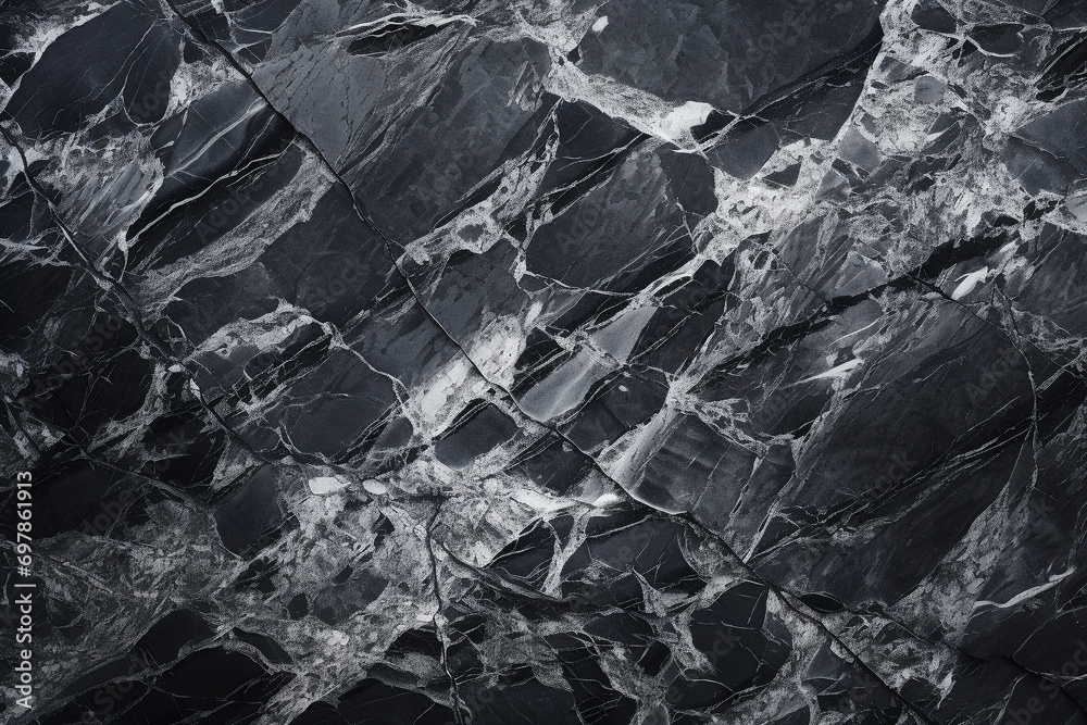 Fototapeta premium Dark stone black-white granite texture. Close-up rock surface for banner ad design. Grunge abstract background with copy space