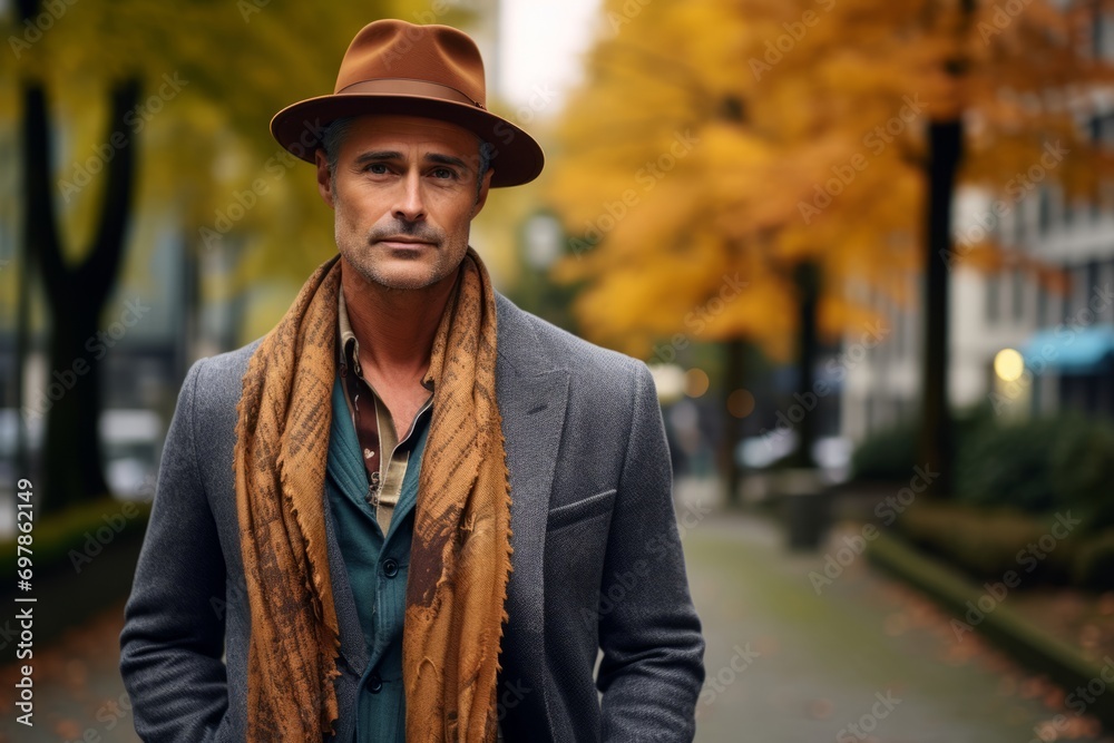 Portrait of a handsome man in a hat and scarf. Men's beauty, fashion.