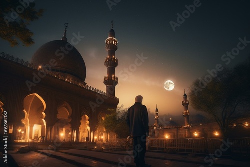 A Muslim prepares for Ramadan with lit mosque & crescent moon in the night. Generative AI