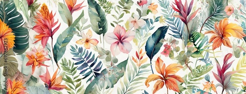 Vibrant Watercolor Tropical Flowers and Foliage - Artistic Botanical Illustration Panorama for Fresh and Lively Decor photo