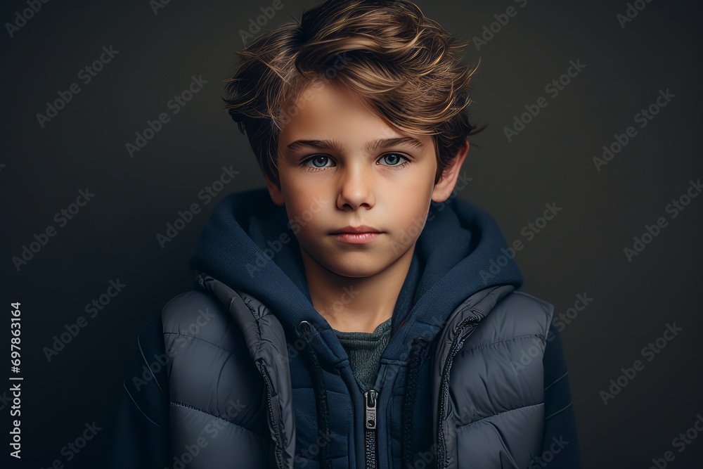 Portrait of a cute little boy in a blue jacket on a dark background. Portrait of a cute little boy in a blue jacket on a dark background.