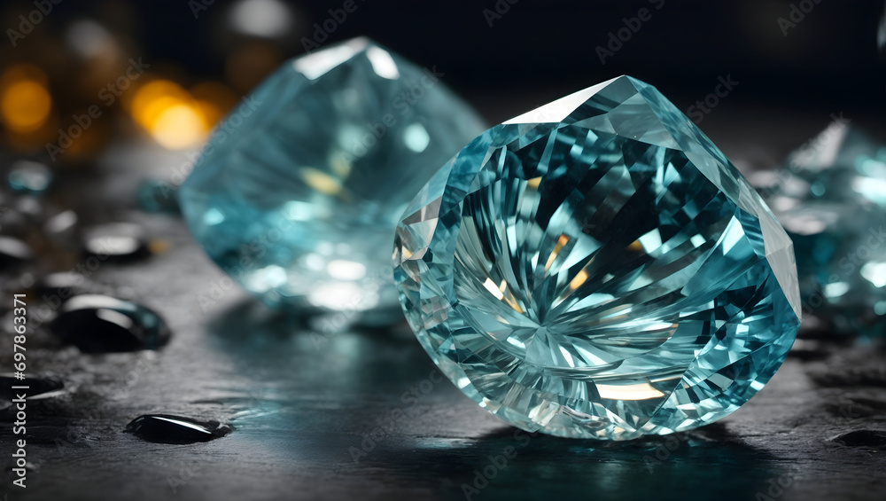 March Birthstone Light Blue Aquamarine Gems on a Black Background Generative AI March Birthstone Light Blue Aquamarine Gems on a Black Background Generative AI