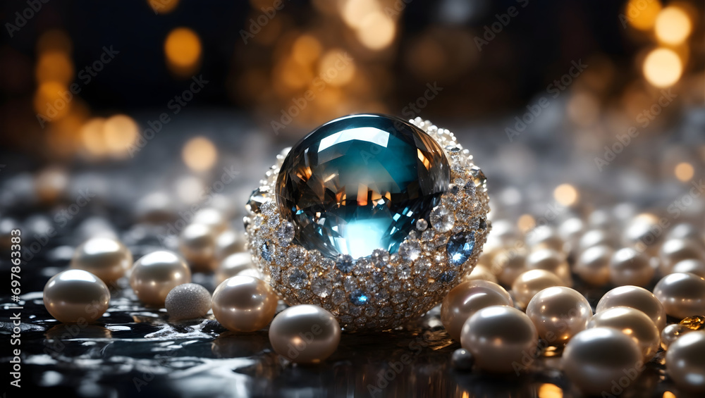 Polished Black Sea Pearl Encrusted in Diamonds and Sapphires in a field of White Sea Pearls on a Black Baground Generative AI - obrazy, fototapety, plakaty 