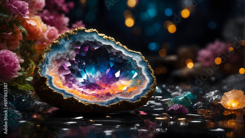 Prismatic Galaxy Colored Crystal Geode on a Black Bokeh Bakcground Generative AI