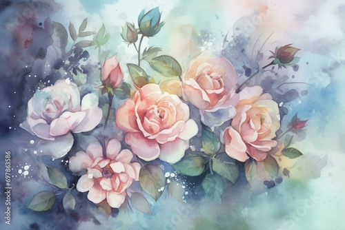 Watercolor painting of roses on a pastel background with delicate pink and blue flowers. Generative AI #697863586