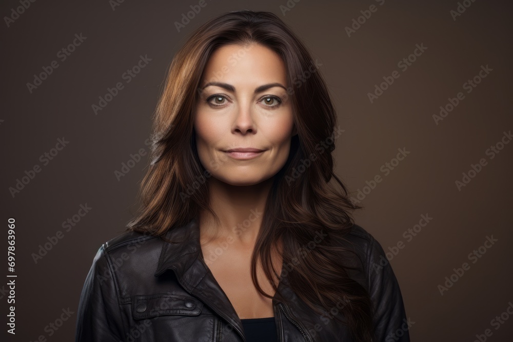 Portrait of a beautiful woman in leather jacket. Studio shot. Portrait of a beautiful woman in leather jacket. Studio shot.