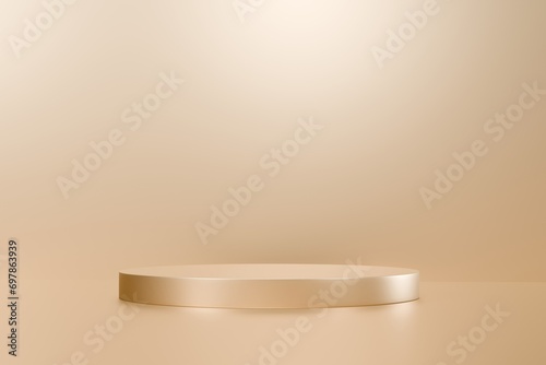Fototapeta Naklejka Na Ścianę i Meble -  Gold podium color 3D background with geometric shapes circle, pedestal on one floors Curved wall the platform for product presentation minimal style, copy space, abstract podium, 3d rendering.