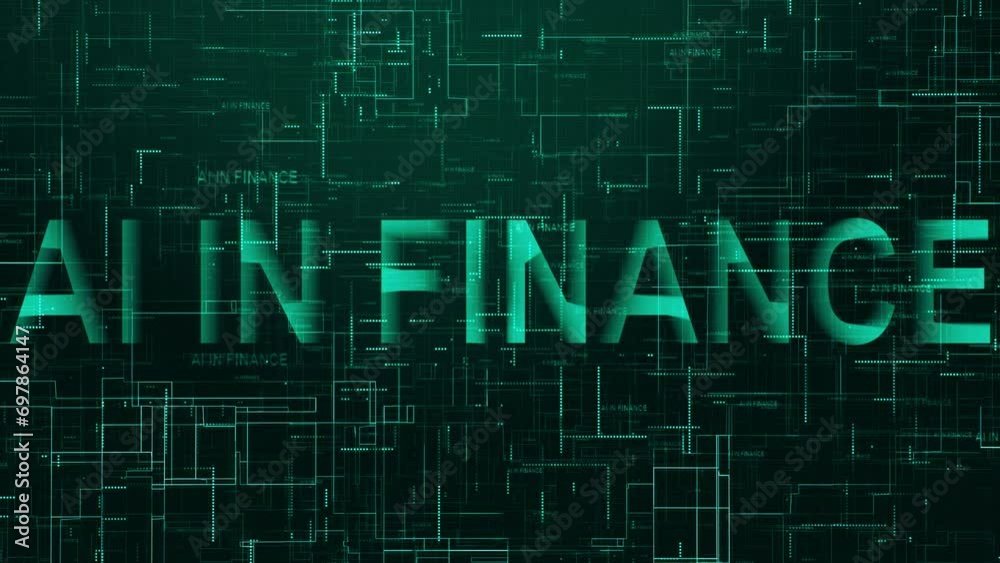 AI in finance text technology data line animation cyan AI in finance text technology data line animation cyan