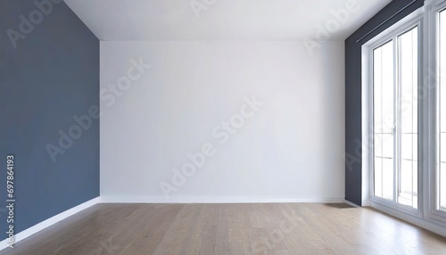 Empty modern / contemporary room with plain white wall and wooden floor, 16:9 widescreen wallpaper / background  photo
