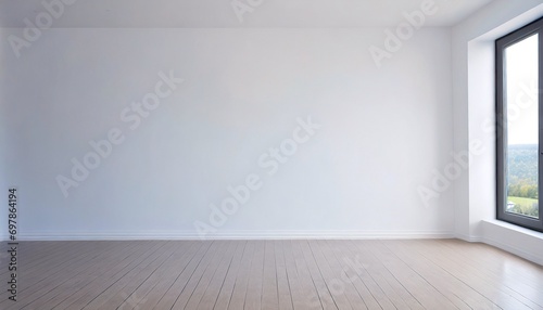 Empty modern / contemporary room with plain white wall and wooden floor, 16:9 widescreen wallpaper / background  photo