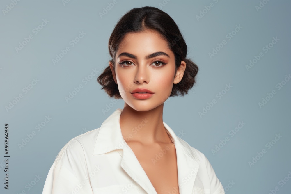Portrait of beautiful young brunette woman with makeup in fashion clothes Portrait of beautiful young brunette woman with makeup in fashion clothes