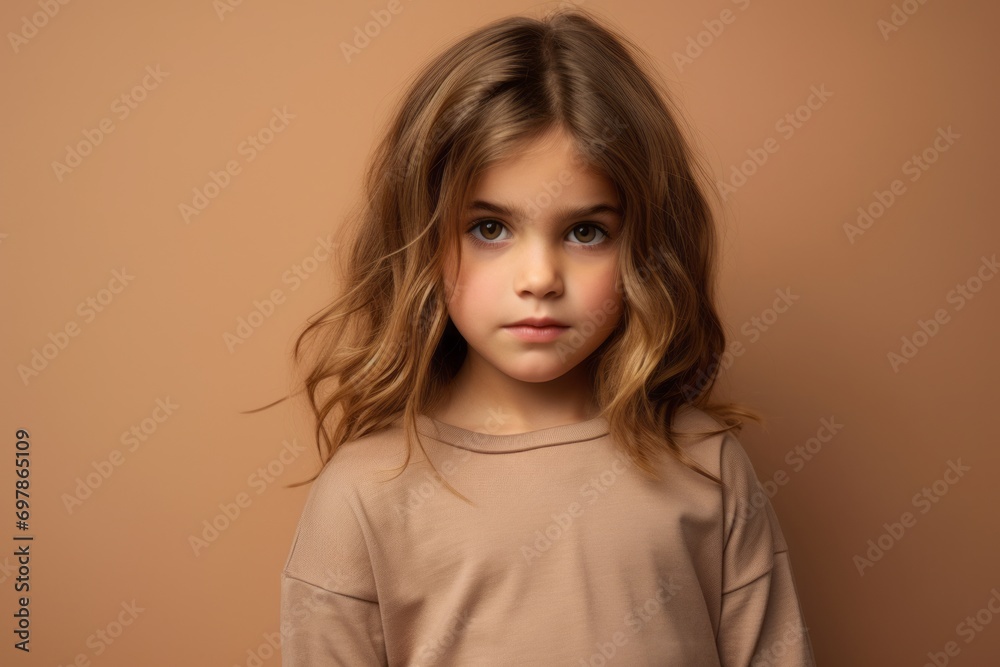 Portrait of a cute little girl with long hair on a brown background