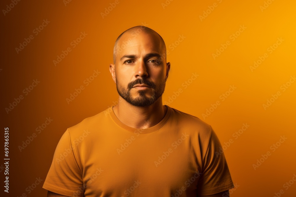 Portrait of a man in orange t-shirt on orange background