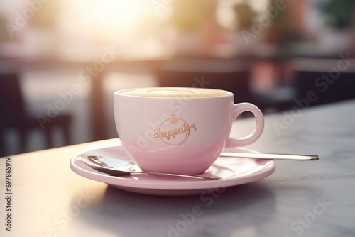 Pale pastel pink coffee cup and saucer with a bright business sign on a morning background. Wake-up to a 3D rendered illustration of a breakfast drink. Generative AI