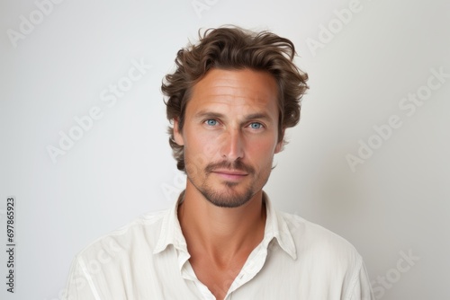 Portrait of handsome young man in white shirt looking at camera. © Chacmool