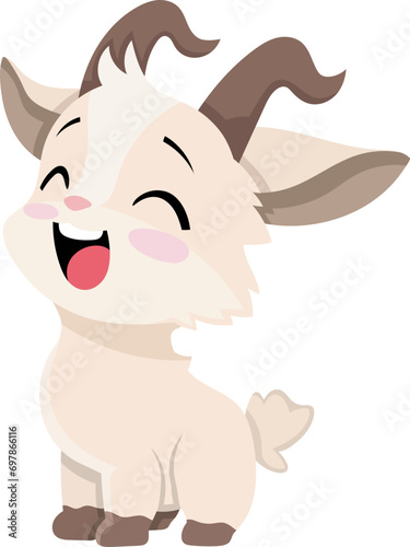 a horned goat kid is looking up, a happy facial expression