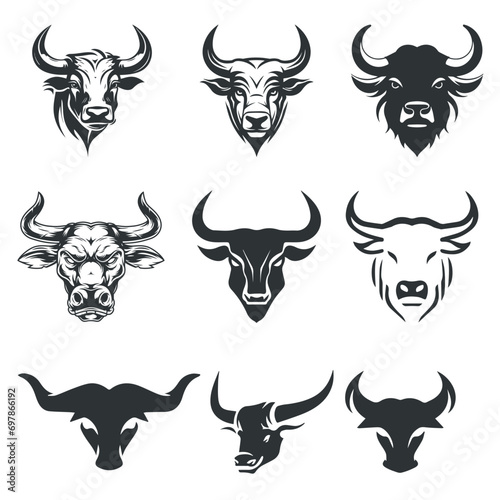 set of buffalo face vector logo elements, bull, cow, animal, cartoon, vector, illustration, head, farm, buffalo, horn, cattle, mammal, symbol, art, nature, fun, angry, ox, silhouette, wild, drawing photo