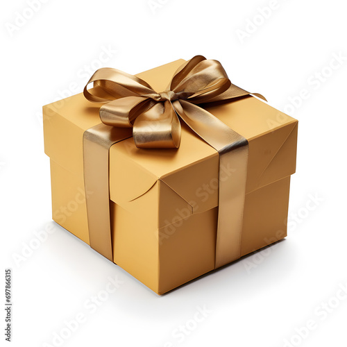 Gift box 3d hyper realistic, golden gift box isolated on white background.