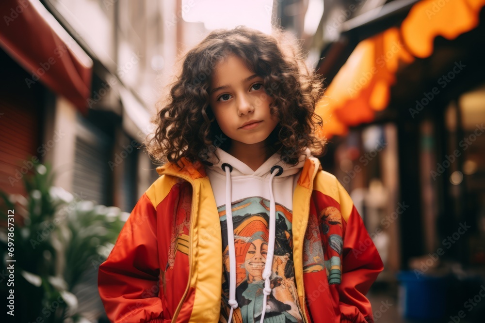 Portrait of a little girl with curly hair in a red coat on the street