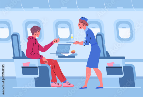 Vector first class service on airplane scene illustration. Business class standing flight attendant giving champagne to the passenger in the seat concept. Man and stewardess woman in a flying airplane