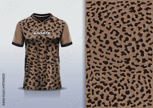 T-shirt mockup with abstract camouflage pattern jersey design for football, soccer, racing, esports, running, in brown color