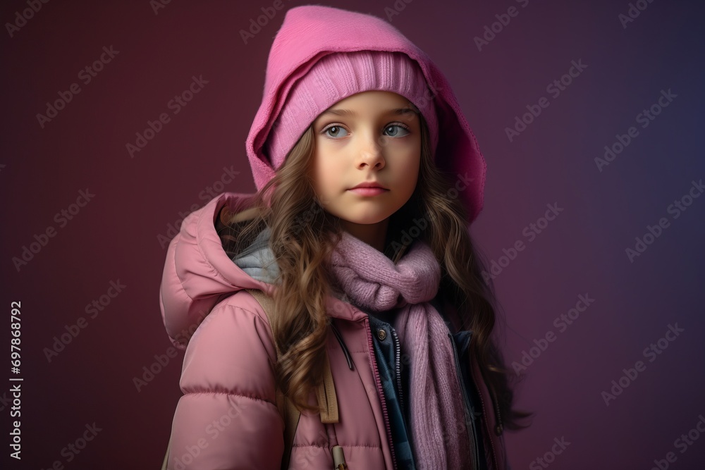A portrait of a beautiful little girl in a pink hat and scarf. Winter fashion.