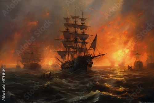 Oil painting of ships ablaze at sea, with dark smoke columns rising. Generative AI