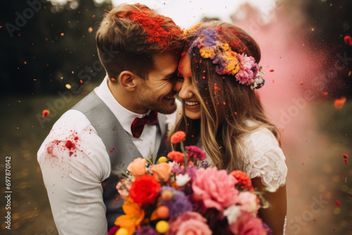 joyful bride and groom with colorful powder on their heads, smiling closely.
