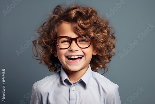 Portrait of a cheerful little boy in eyeglasses over grey background