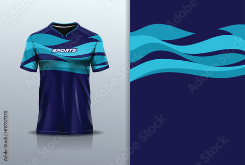 T-shirt mockup with abstract wave curve line jersey design for football, soccer, racing, esports, running, in blue color 