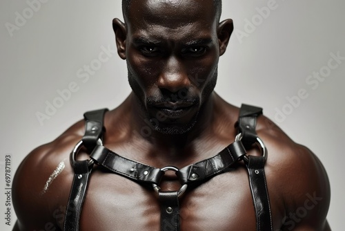 A detailed close-up of a rugged african-american man in a stylish black leather harness, posed against a minimalist white studio backdrop