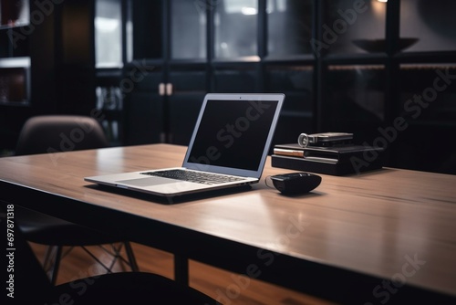 Rear view of laptop on desk. Business workspace. Generative AI © David