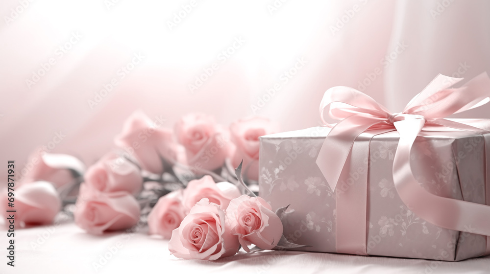 Elegant pink roses and gift with satin ribbon on a soft background, ideal for bridal showers or Valentine's Day. AI Generative