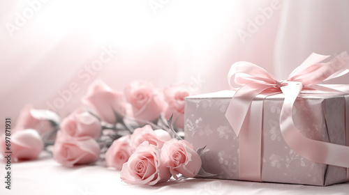 Elegant pink roses and gift with satin ribbon on a soft background, ideal for bridal showers or Valentine's Day. AI Generative