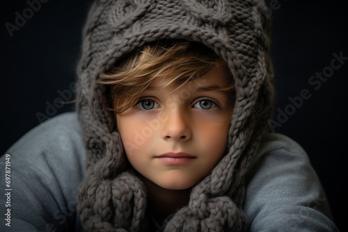 Portrait of a boy in a knitted cap and scarf.